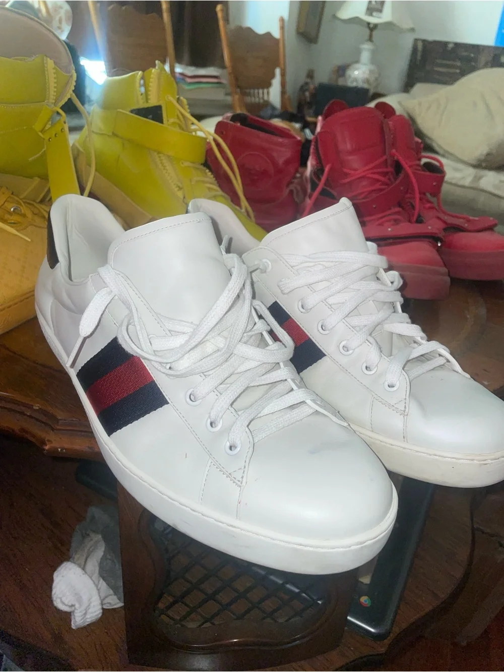 Gucci White Leather Sneakers with Red & Navy Web Stripe